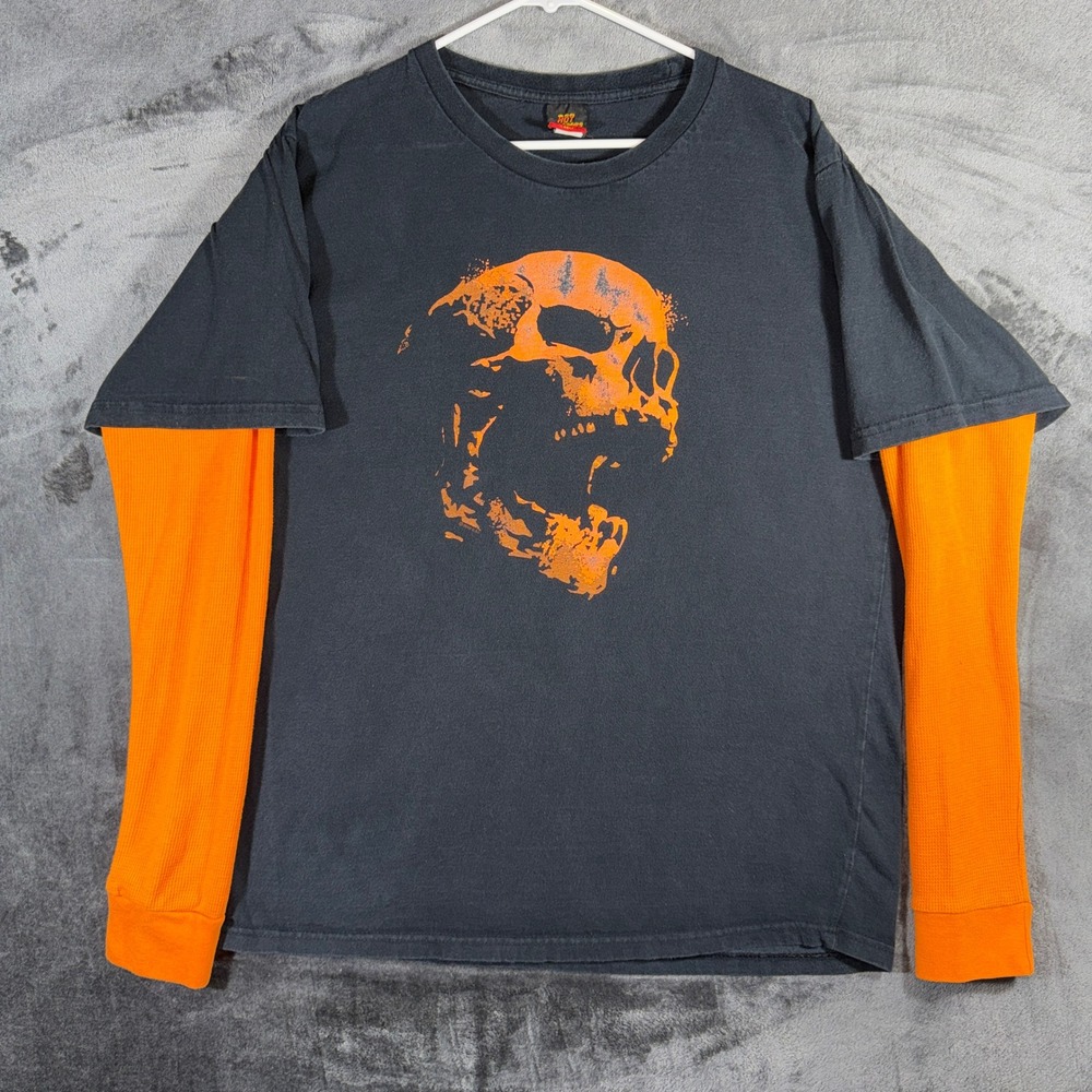 Hot Leathers Skull Shirt Mens L Black Orange Double Sleeve Y2K Biker Goth